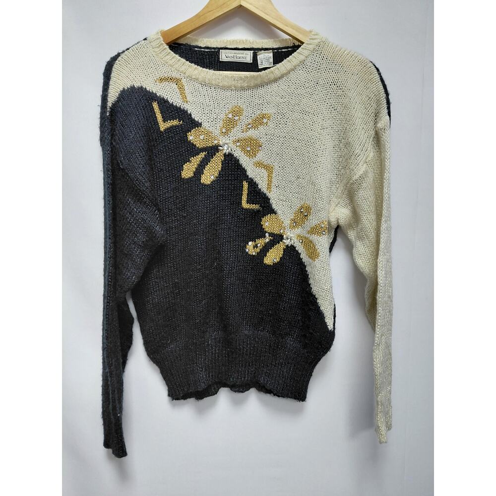 CHARLOTTE VANHORNE Acrylic Knit Sweater Black Beige Colorblock Crew Neck Size L